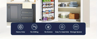Over Door Pantry Storage Organizer 6 or 8-Tier Metal Spice Rack in Black or White for Kitchen Use