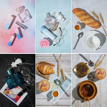 Product Photography Backdrop Paper 6pcs Reversible 12 Designs 16x11.5 Inch Background Sheets for Food Jewelry Cosmetic Flatlay Social Media