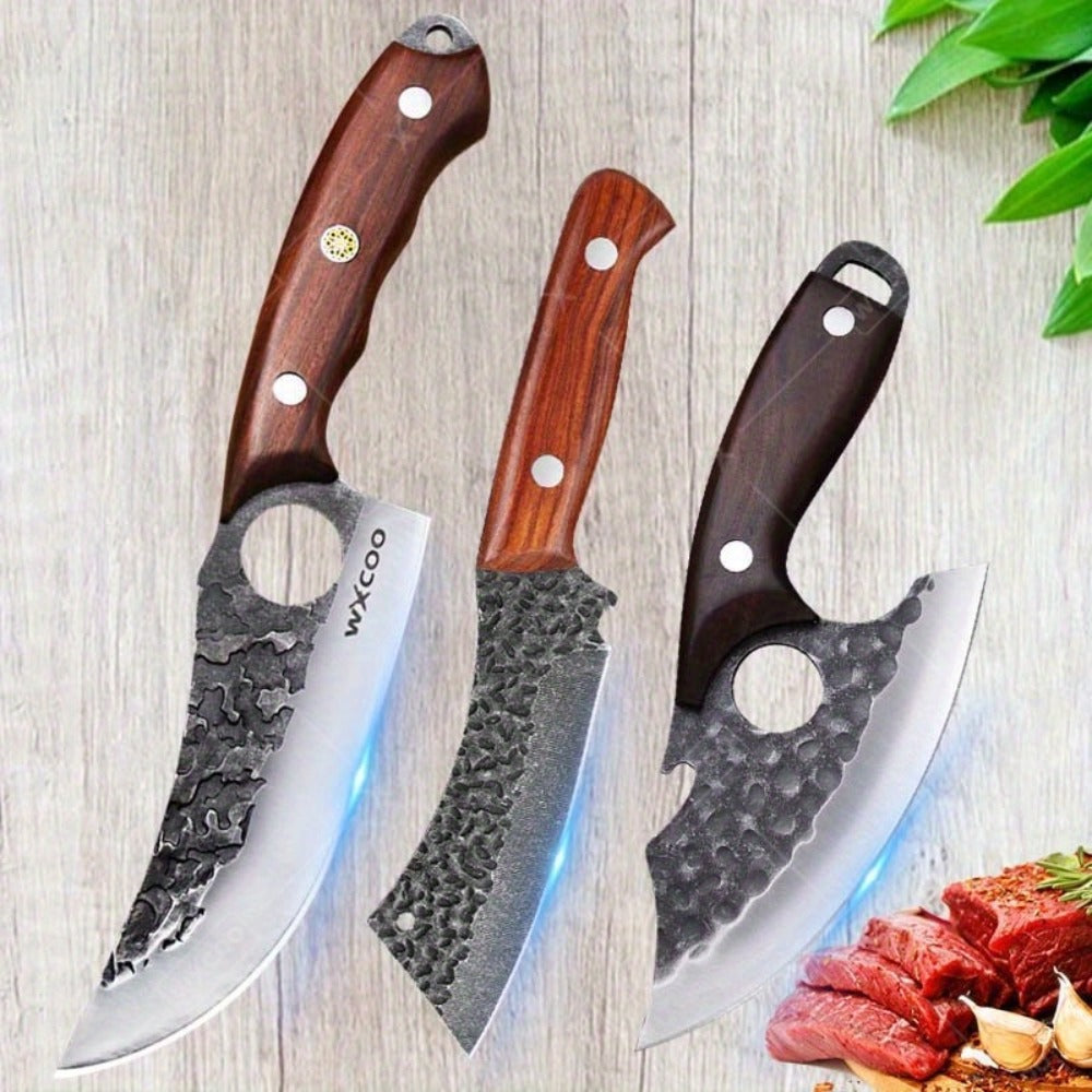 Kitchen Chef Knife Set 3 Piece Stainless Steel - Sharp Boning Knife, Utility Knife & BBQ Knife with Hammered Blade