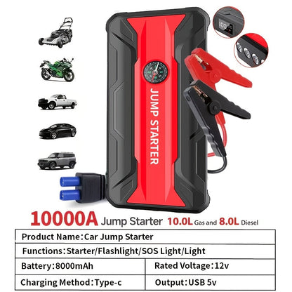 10000A Car Jump Starter with 12V Clamps, LED Light and Optional Integrated Air Pump in Red, Green or Gray