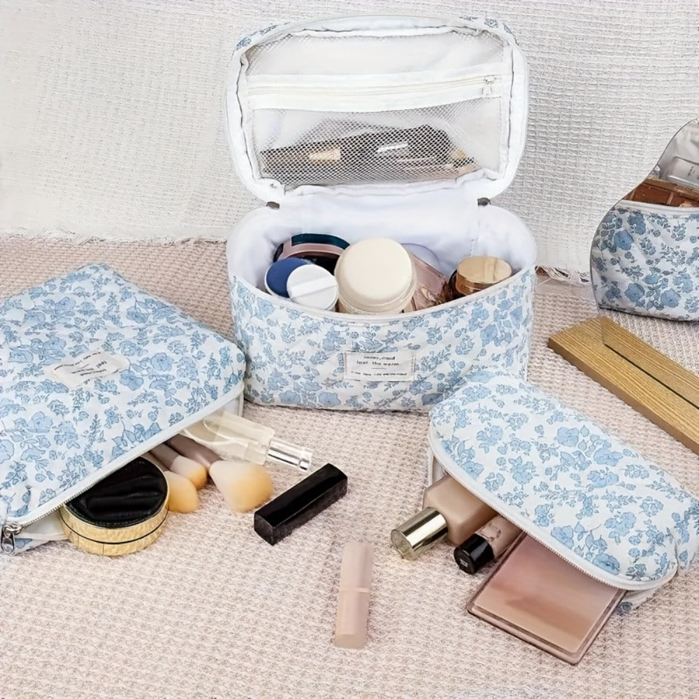 Quilted Makeup Bag Set 3 Pcs Floral Pattern Large Capacity Travel Cosmetic Organizer with Gold Zipper – Polyester Skincare Toiletry Pouch
