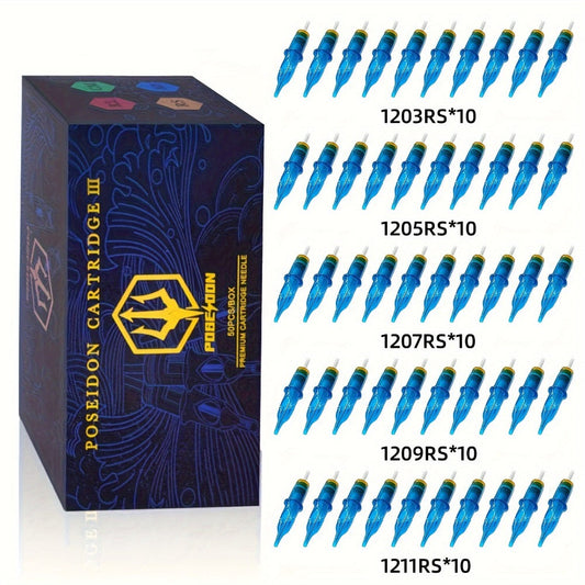 Tattoo Needles 50Pcs Round Liner Shader - POSEIDON V3 12RL 12RS Membrane Safety for Temporary Body Art, Festivals and Costumes