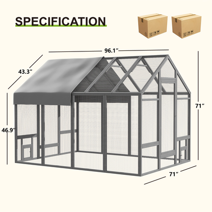 Walk-In Chicken Coop 96" Extra Large with Movable Fence, Outdoor Wooden Poultry Cage with Cover, Nesting Box & Walk-In Run for Farm