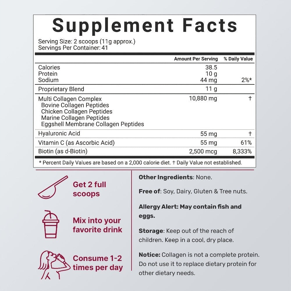 Multi-Collagen Powder Type I II III V X with Hyaluronic Acid, Biotin & Vitamin C - Hydrolyzed Protein for Skin