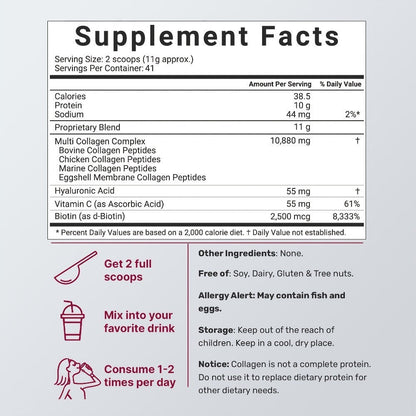 Multi-Collagen Powder Type I II III V X with Hyaluronic Acid, Biotin & Vitamin C - Hydrolyzed Protein for Skin
