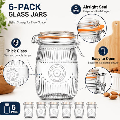 Mason Jars 6-Pack, 32 oz Wide-Mouth Glass Canisters with Hinged Lids and Sunflower Pattern for Coffee, Sugar, Beans and Spices