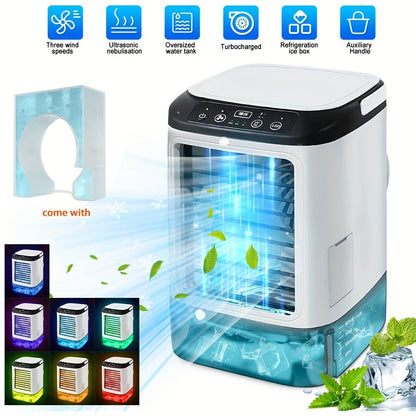 Portable Air Cooler Fan USB Humidifier with Rainbow Ambient Light, 3-Speed Atomization Misting Fan with Large Ice Box and Low Noise