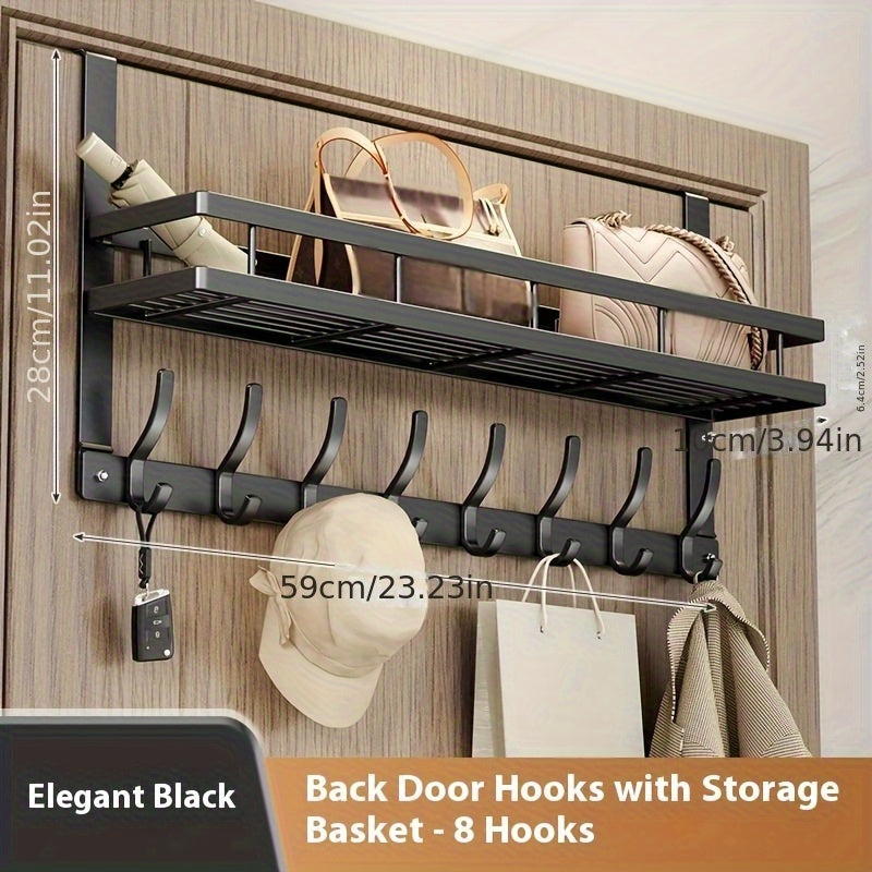 Over-the-Door Storage Rack with Metal Basket Shelf, 4 to 8 Hooks and Gray or Black Length Options