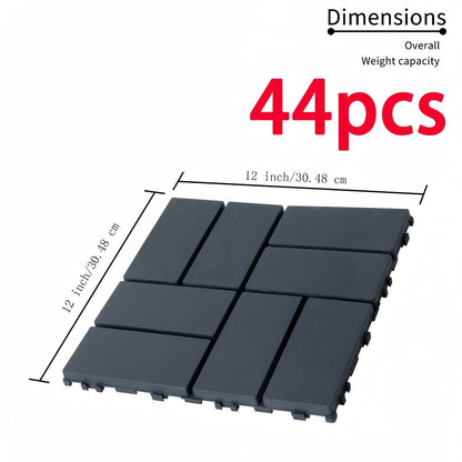 Gray 44-Piece Interlocking Deck Tile Set with 12-Inch Square Brick-Block Surface Pattern Pictured