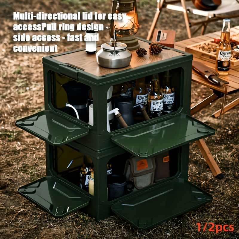 Folding Storage-Box Table with Five Access Doors and Wood-Look Top in One- or Two-Piece Color Options