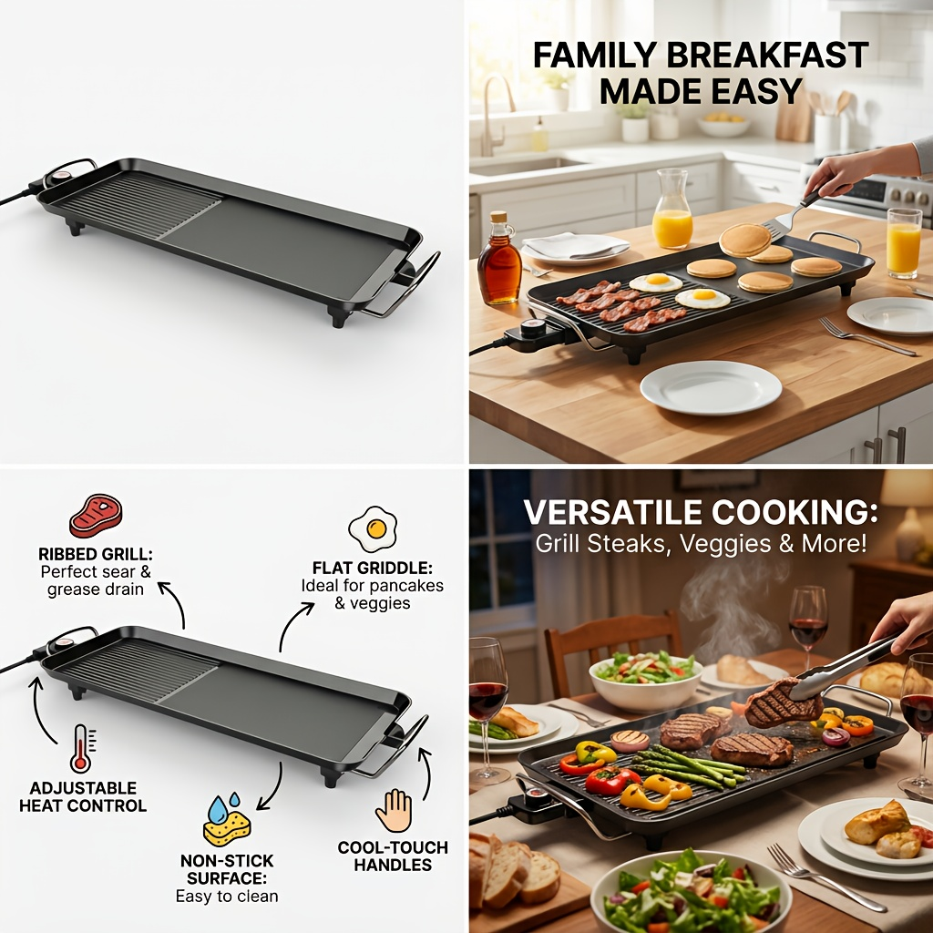 Indoor Electric Grill Smokeless, Non-Stick BBQ Griddle with Adjustable Temperature & Drip Tray