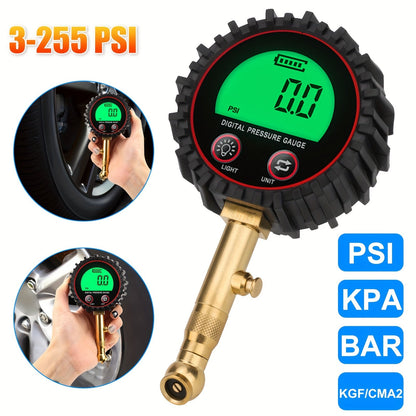 Digital Tire Pressure Gauge LCD 3-255 PSI – 4-Unit Display (PSI/Bar/KPa/kg㎡), Green Backlight, 360° Chuck, Auto Shut-Off for Cars, Trucks