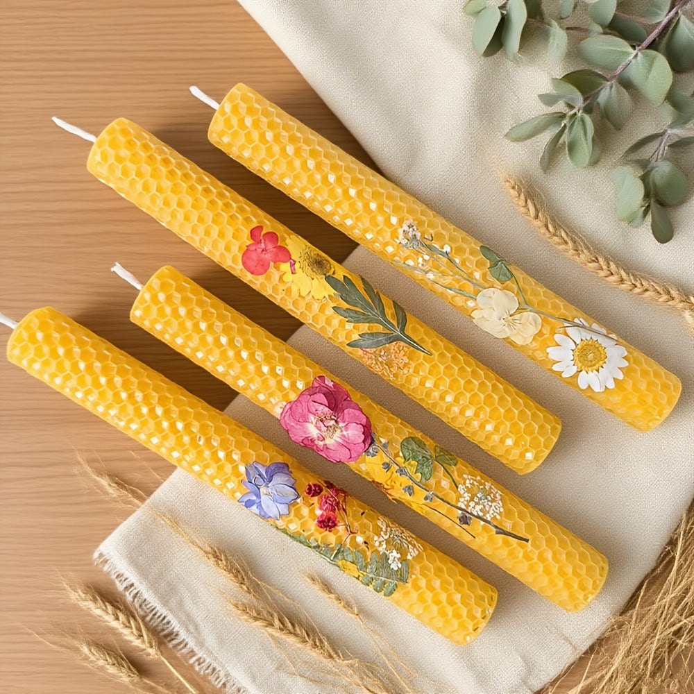 Floral Cone Candle Holders Set of 4, 10-Inch Decorative Beeswax Taper Candles for Holiday Parties