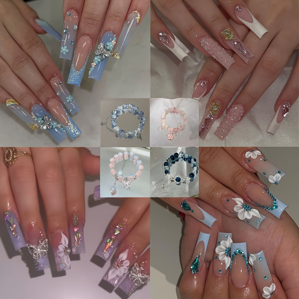Press On Nails 96-Piece Long Ballerina Blue Gradient 3D Flower Butterfly Set with Four Bracelets