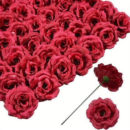 Artificial Rose Heads with Stems, 50-Piece Silk-Labeled Set in Champagne, Silver, Pink, Wine Red, Blue or Orange