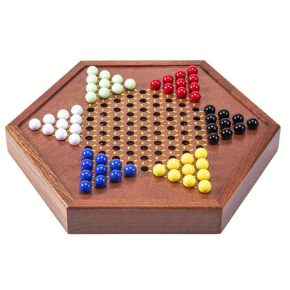 Deluxe Wooden Chinese Checkers Game Set 12.5 Inch Hexagonal Board with Storage Drawer 60 Acrylic Marbles