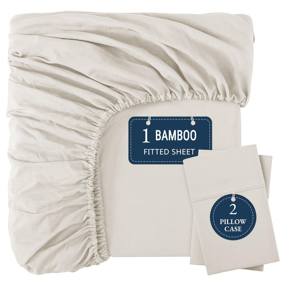 Bamboo Fitted Sheet Set 3-Piece – Cooling Breathable Soft Deep Pocket Bed Sheets, Twin Full Queen King, 12 Colors – Fits Mattress Up to 15"