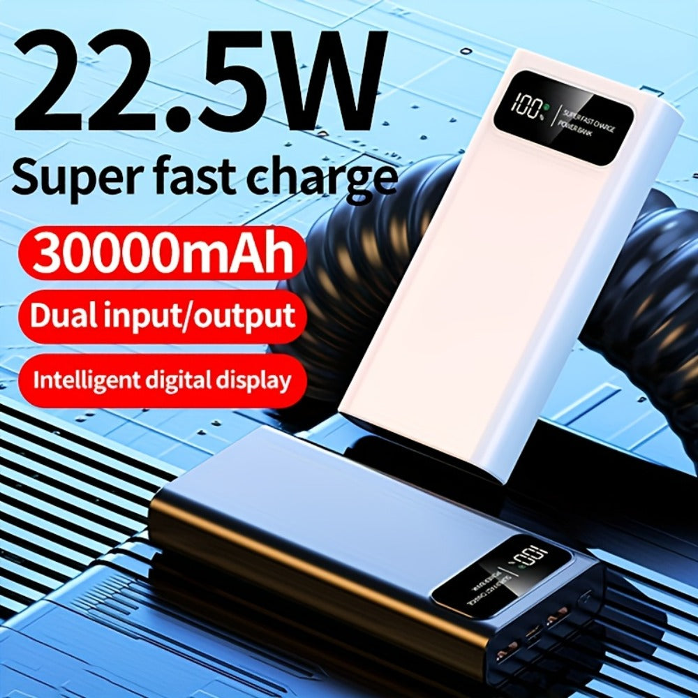 Power Bank 30000mAh 22.5W with Two-Way Charging, Dual USB, USB-C and Digital Display in White