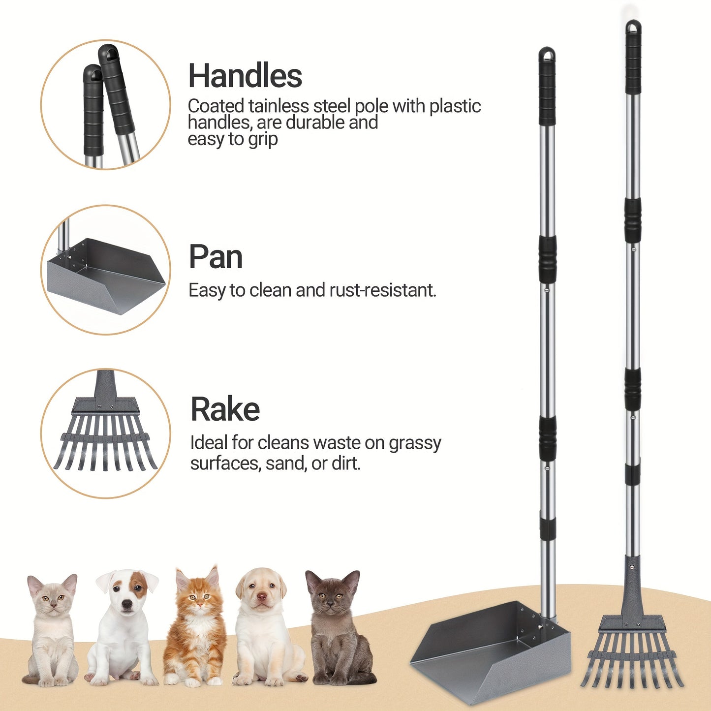 Dog Pooper Scooper Set Stainless Steel – Rust-Proof Tray & Rake with Adjustable Handles, Easy-Clean Pet Waste Removal Scoop for All Breeds