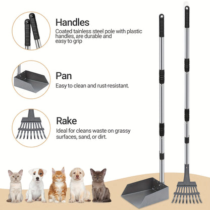 Dog Pooper Scooper Set Stainless Steel – Rust-Proof Tray & Rake with Adjustable Handles, Easy-Clean Pet Waste Removal Scoop for All Breeds