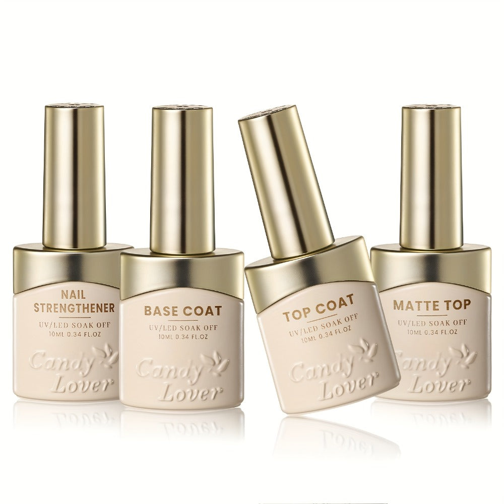Gel Nail Polish 4-Piece Base and Top Coat Set with Glossy, Matte, Base and Strengthener Gels for UV/LED Soak-Off Use