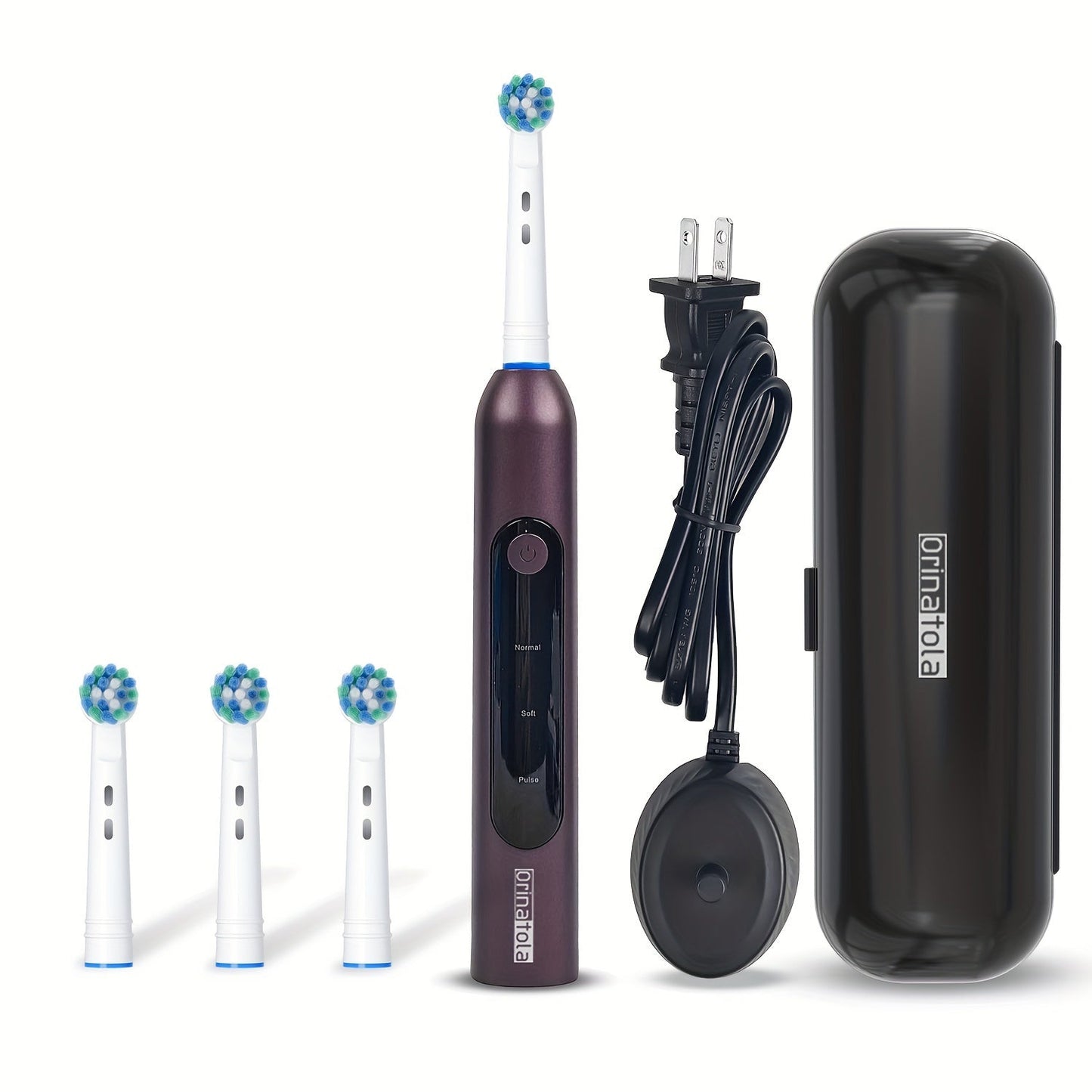 Electric Toothbrush with 3 Rotating Cleaning Modes – Induction Charging, 4 Replacement Brush Heads, Travel Case Included