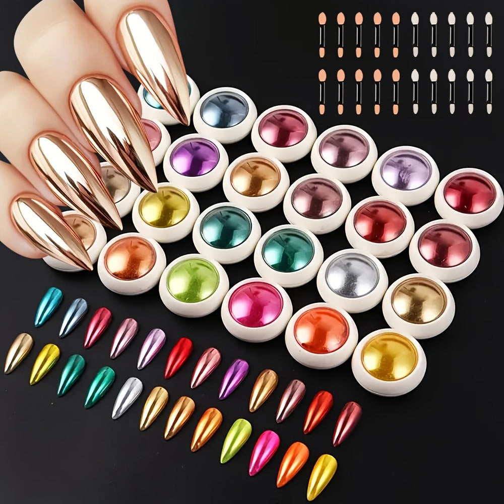 Chrome Nail Powder 24 Colors Set Holographic Mirror Effect Metallic Reflective Glitter Pigment for Gel