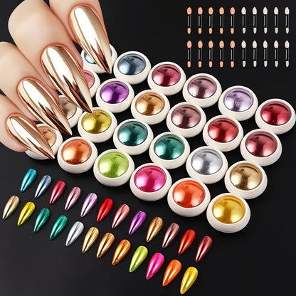 Chrome Nail Powder 24 Colors Set Holographic Mirror Effect Metallic Reflective Glitter Pigment for Gel