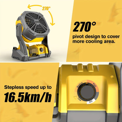 Yellow Cordless Work Fan for Select DeWalt 20V Max Batteries with LED Light, Hanging Hook and Adjustable Tilt, Battery Not Included