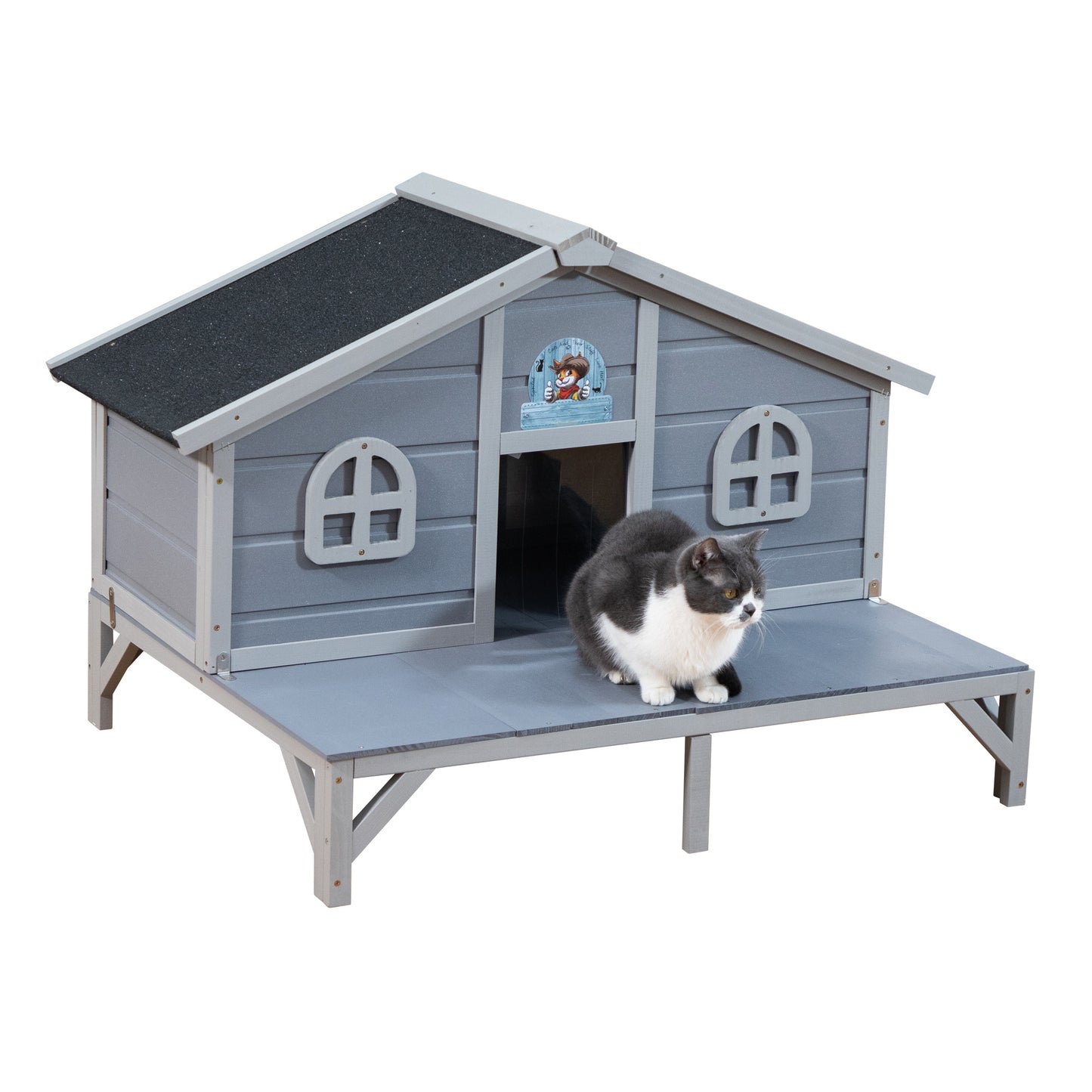 Outdoor Cat House Wooden Weatherproof Feral Cat Shelter with Deck, Elevated Legs & 2 Escape Doors – Large Indoor Outdoor Catio for 1-3 Cats