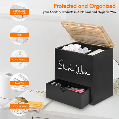 Tampon & Pad Organizer Box with Lid – Wooden Bathroom Storage Bin with Drawer, 3-Compartment Feminine Products Caddy