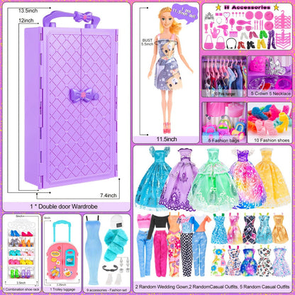 Doll Closet Playset 108 Piece with 11.5 Inch Fashion Doll Purple Wardrobe Wedding Gowns Shoes Handbags Crowns & Accessories