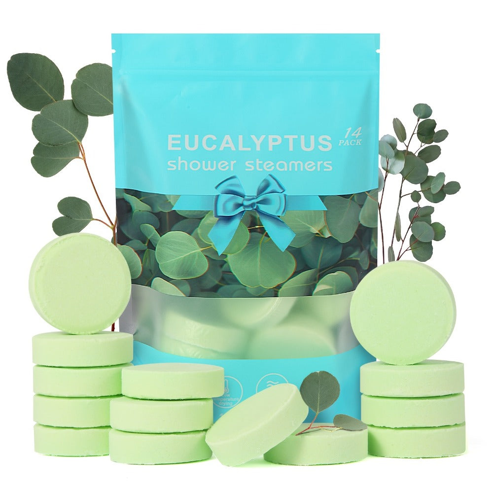 Fourteen Green Eucalyptus-Labeled Shower Steamer Tablets with 30 g Pieces in a Resealable Display Bag