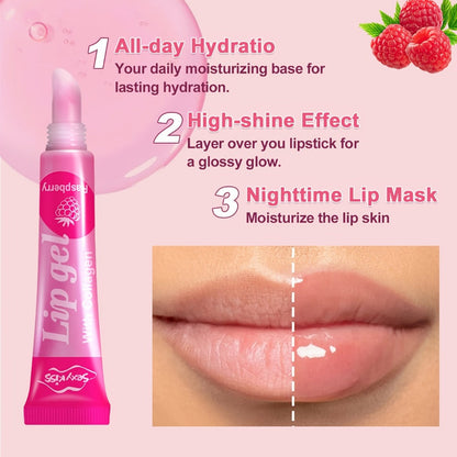 Lip Balm 24-Piece Glossy Lip Gel Collection with Assorted Fruit Labels and Pink Gift Box Packaging