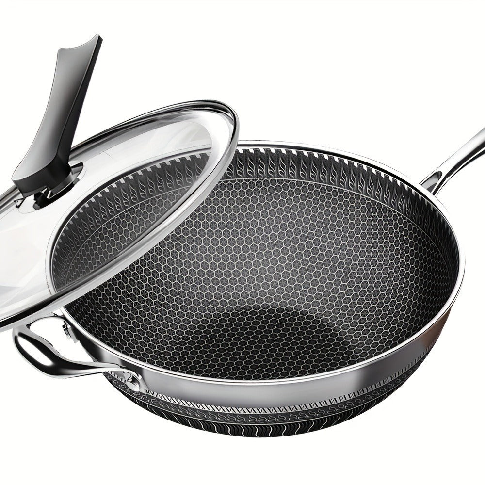 Stainless Steel Wok 13.3 Inch Honeycomb Non-Stick with Lid Spatula & Pot Brush, All Cooktop Compatible Stir Fry Pan