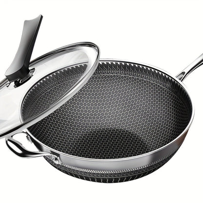 Stainless Steel Wok 13.3 Inch Honeycomb Non-Stick with Lid Spatula & Pot Brush, All Cooktop Compatible Stir Fry Pan