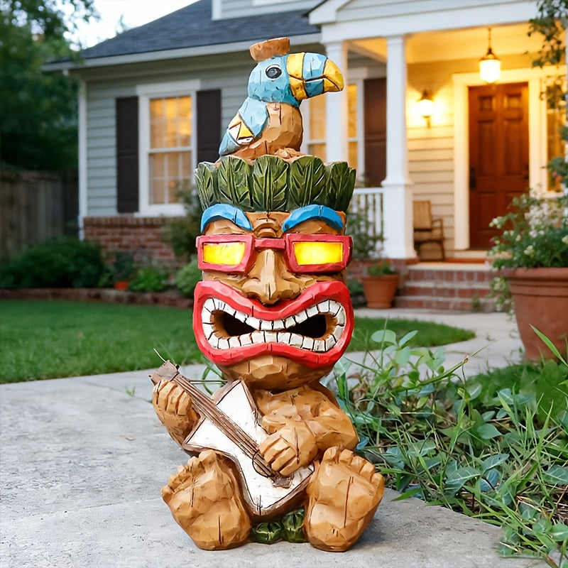 Hawaiian Tiki Statue Standing Resin Totem Pole, Woodcarving Tribal Figure Outdoor Decor for Terrace Bar Party Unique Gift