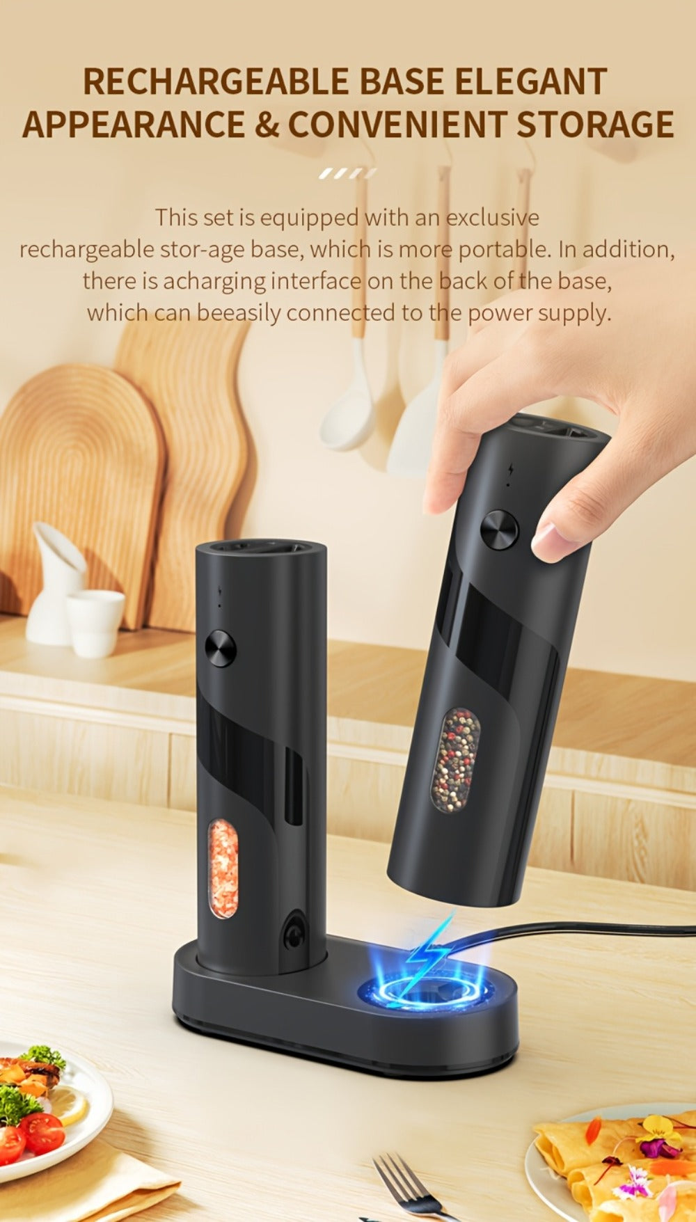 Electric Salt and Pepper Grinder Set, Rechargeable Mills with LED Light, Adjustable Coarseness & 3.72oz for Home Kitchen