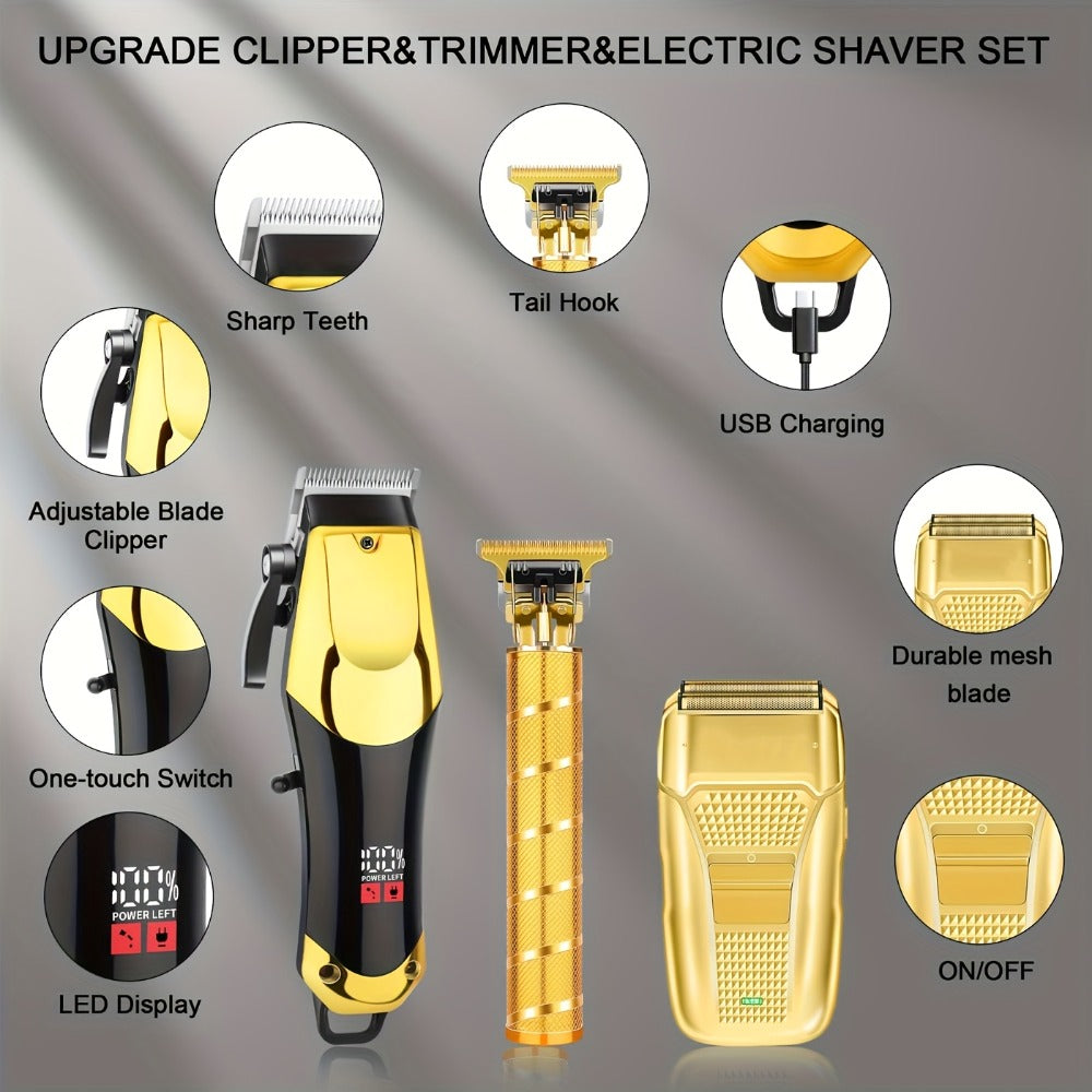 Men's Grooming Kit Hair Clipper Set USB Rechargeable LCD Display – Professional Clipper Razor T-Blade Trimmer 8 Guide Combs & Apron Complete