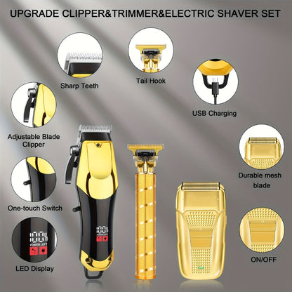 Men's Grooming Kit Hair Clipper Set USB Rechargeable LCD Display – Professional Clipper Razor T-Blade Trimmer 8 Guide Combs & Apron Complete