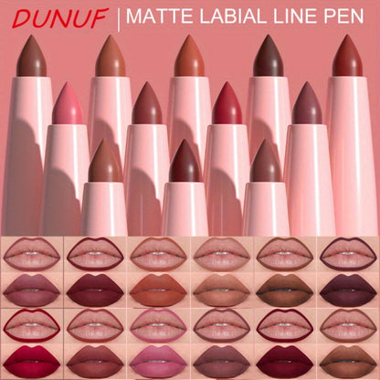 Waterproof Lip Liner Set 12 Pcs 2-in-1 Matte Lipstick Pencil Long Lasting Rich Pigment Smooth Glide Lip Color Kit Nude to Bold Shades