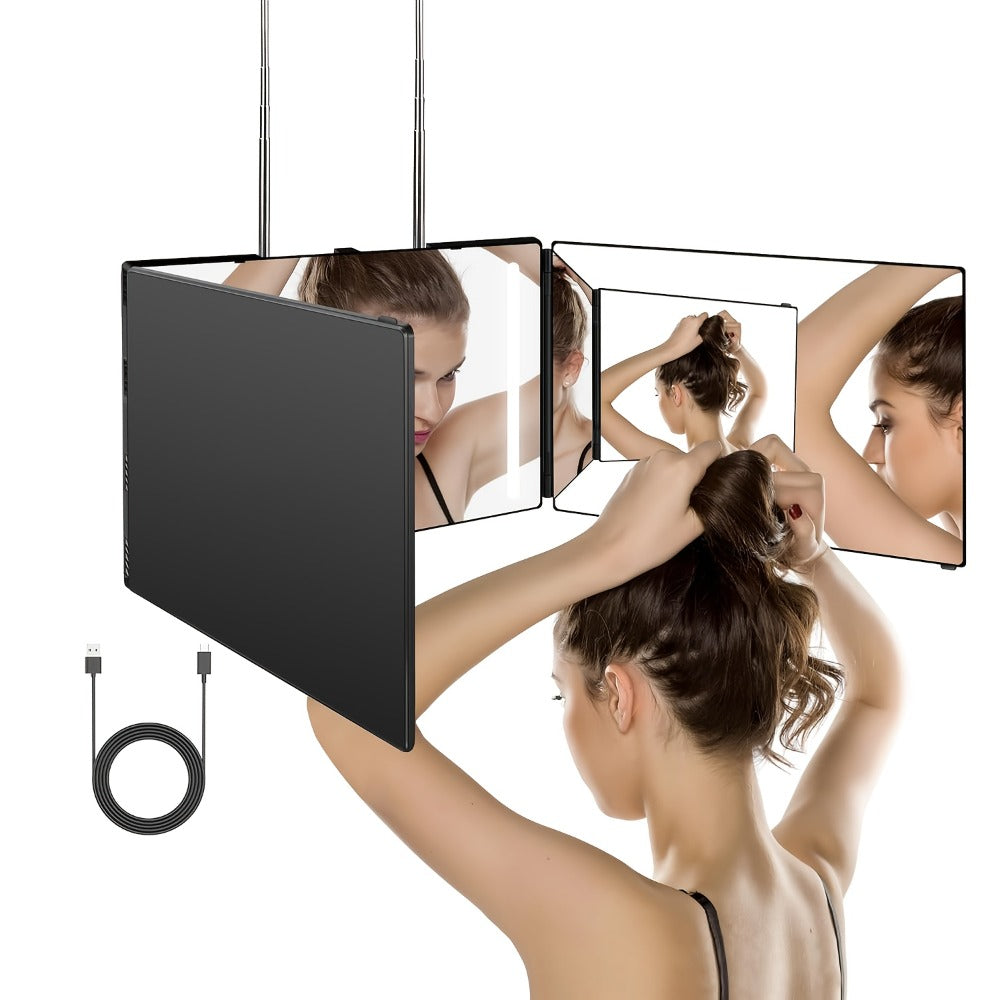 3 Way Mirror for Self Hair Cutting, 360° View Hair Cut Mirror to See Back of Head Height-Adjustable Hook Door Wall Table Mount Anti-Fog HD