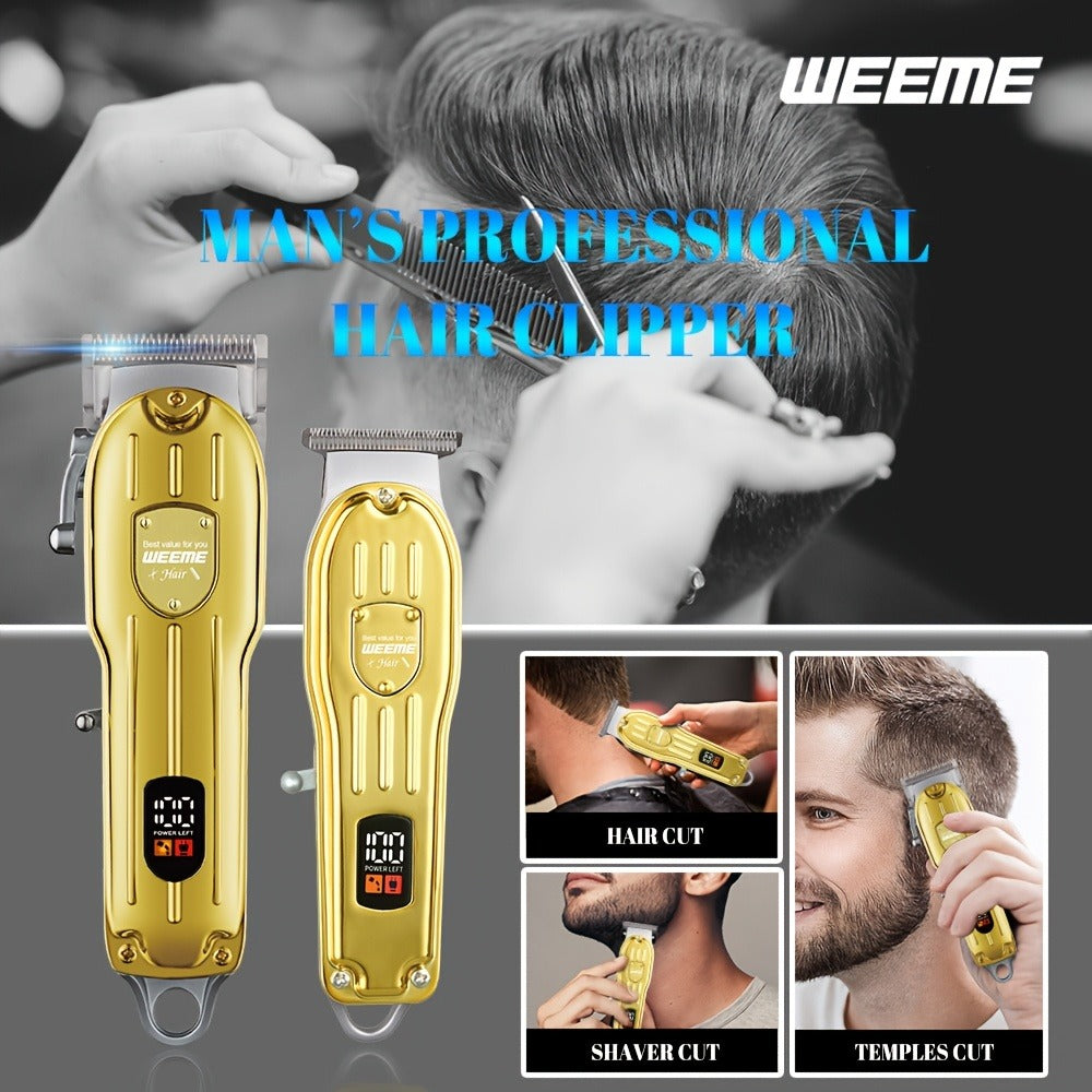 Hair Clipper WEEME 819 Gold or Silver Two-Tool Set with LCD Displays, USB Charging and Eight Guide Combs