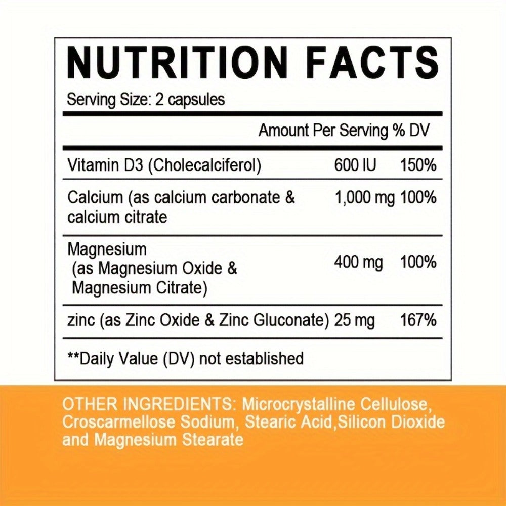 Calcium Magnesium Zinc & Vitamin D3 Capsules, 4-in-1 Synergistic Bone Strength & Immune Support
