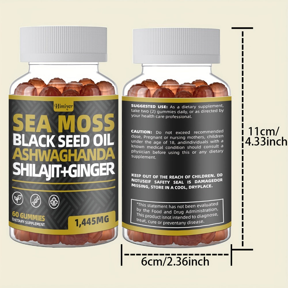 Sea Moss Gummies with Black Seed Oil, Ashwagandha, Shilajit, Elderberry, Chlorophyll, Turmeric & Bladderwrack
