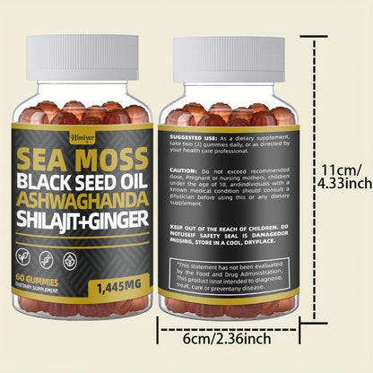 Sea Moss Gummies with Black Seed Oil, Ashwagandha, Shilajit, Elderberry, Chlorophyll, Turmeric & Bladderwrack