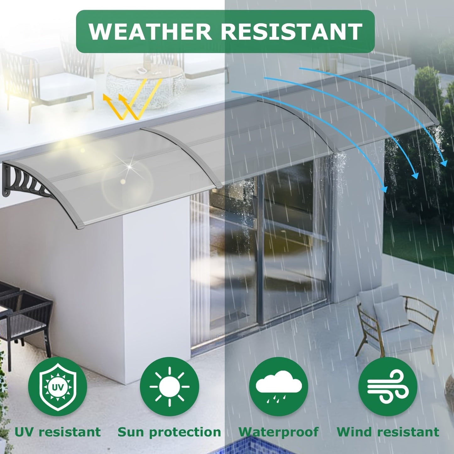 Door Awning 120"x40" Polycarbonate Canopy UPF50+ UV Rain Snow for Garden, Patio and Yard Use