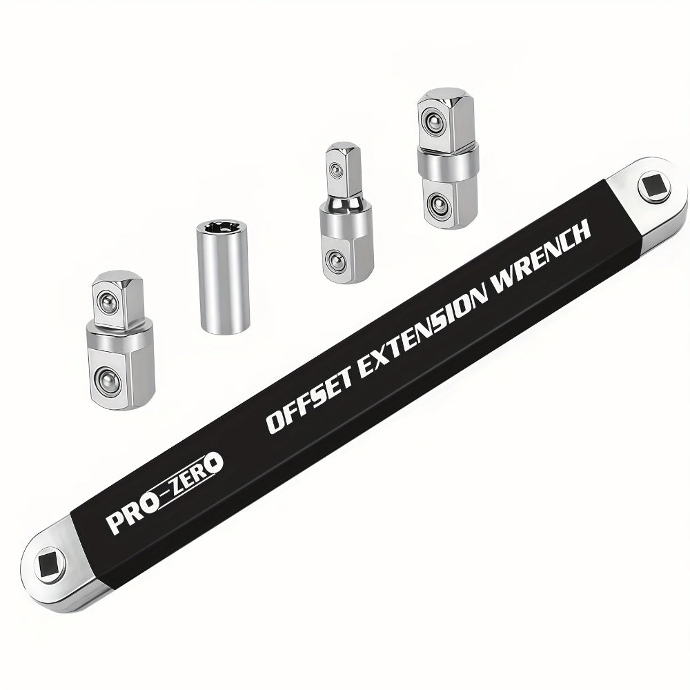 Ratchet Wrench 2-in-1 Offset Extension with 1/4" 3/8" 1/2" Square Head Adapters, 180-Degree Rotation High Torque Non-Slip Handle