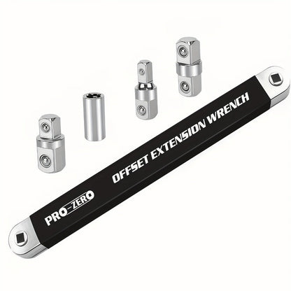 Ratchet Wrench 2-in-1 Offset Extension with 1/4" 3/8" 1/2" Square Head Adapters, 180-Degree Rotation High Torque Non-Slip Handle