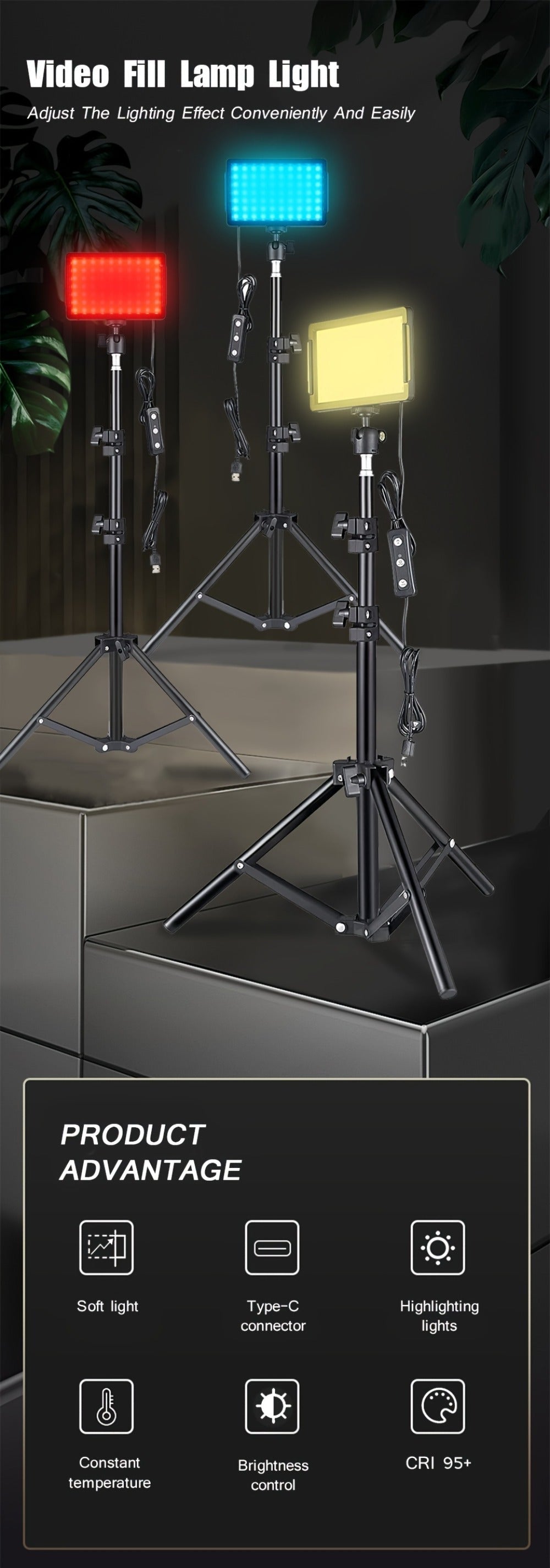 LED Video Fill Light Panel Kit with Tripod Stand & RGB Filters, Dimmable 5600K Studio Light for Vlogging